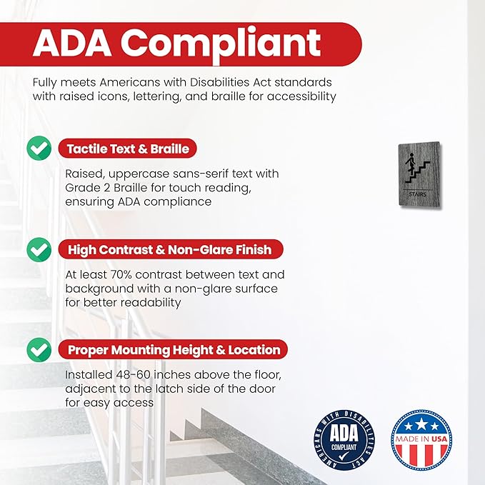 Promot Stair Sign – ADA Braille Stairway Sign for Business, Self-Adhesive, 9" x 6", Commercial Door Signage, Office Wall Decor - Classic Grey