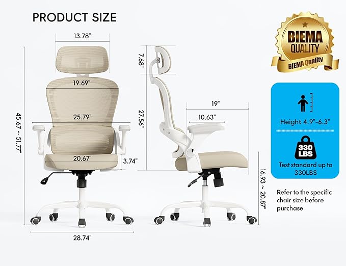 TRALT Office Chair - Ergonomic Office Chair with Back Support, Computer Chair - Home Office Desk Chairs, 330lbs Wide Seat Big and Tall Office Chairs with Headrest, Comfy Desk Chairs (Beige)