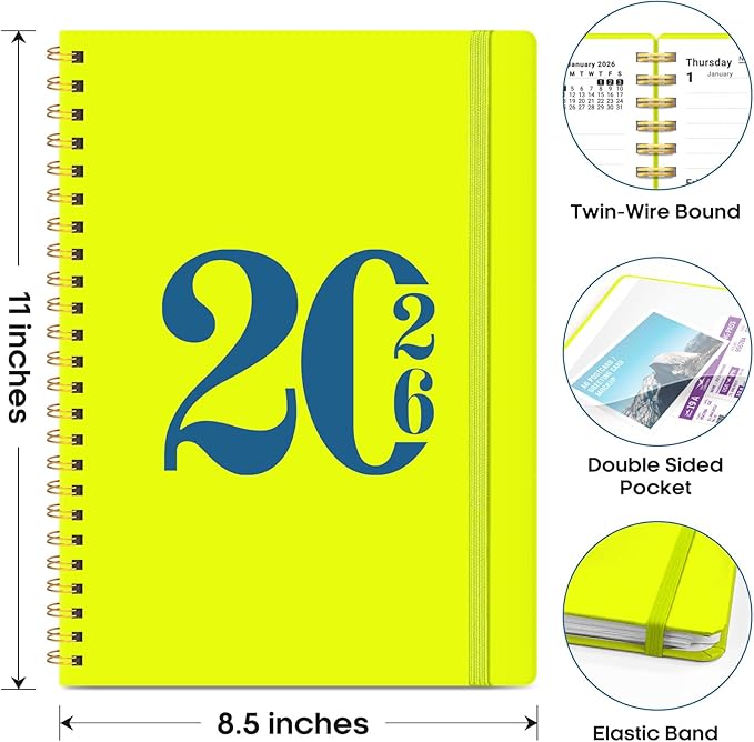 2026 Planner, Weekly and Monthly Calender Planner, Jan 2026 to Dec 2026, Hardcover 2026 Calendar Planner Book with Tabs & Inner Pocket, Office Home School Supplies for Women & Men - A4 (8.5" x 11"), Lemon Yellow