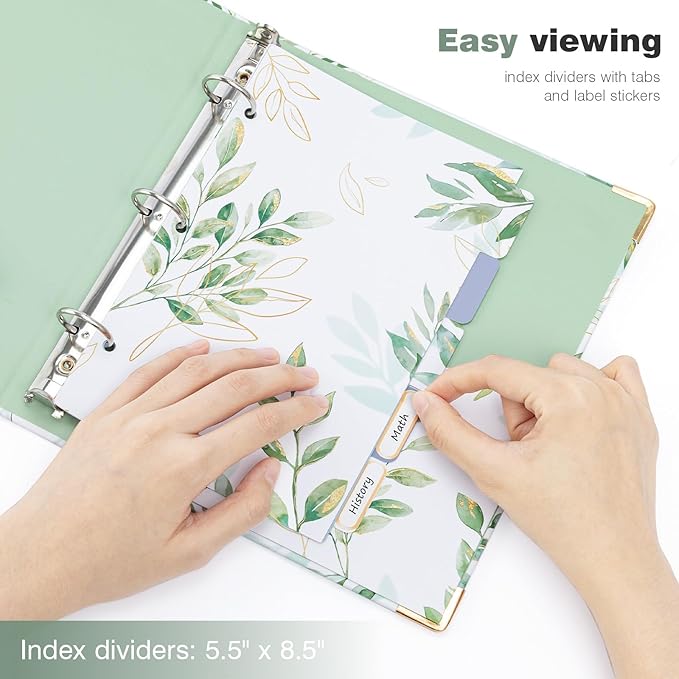 Ospelelf Mini Binder 3 Ring 1 Inch, Green Floral Round Ring Clipboard Binder with 5 Tab Dividers, for School and Office Supplies, Greenleaf