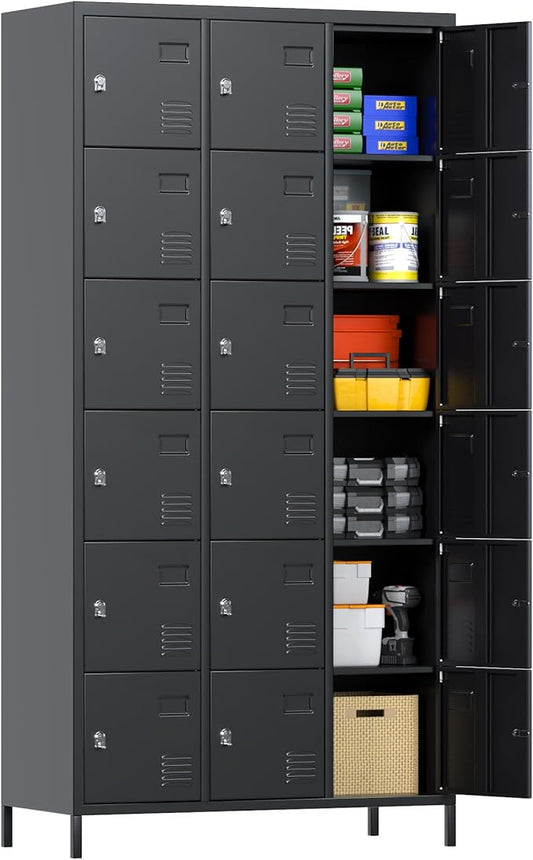 Metal Lockers for Employees with 18 Doors, Metal Locker with Lock for School Garage Office Gym Home,Assembly Required,Black