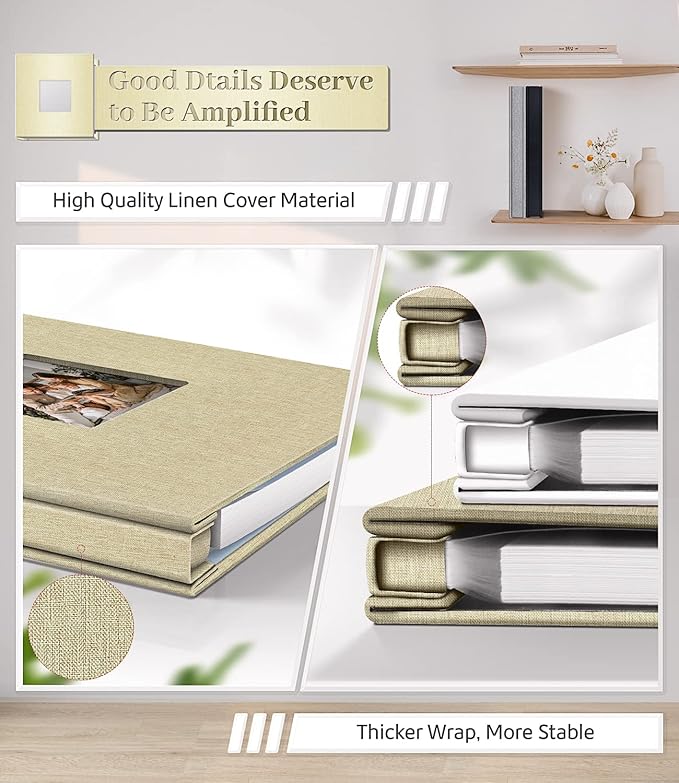 Photo Album Self Adhesive Scrapbook Album for 3x5 4x6 5x7 8x10 Pictures,60 Pages Linen Cover with Display Window DIY Photo Book,Ideal Gifts for Family Travel Wedding Baby