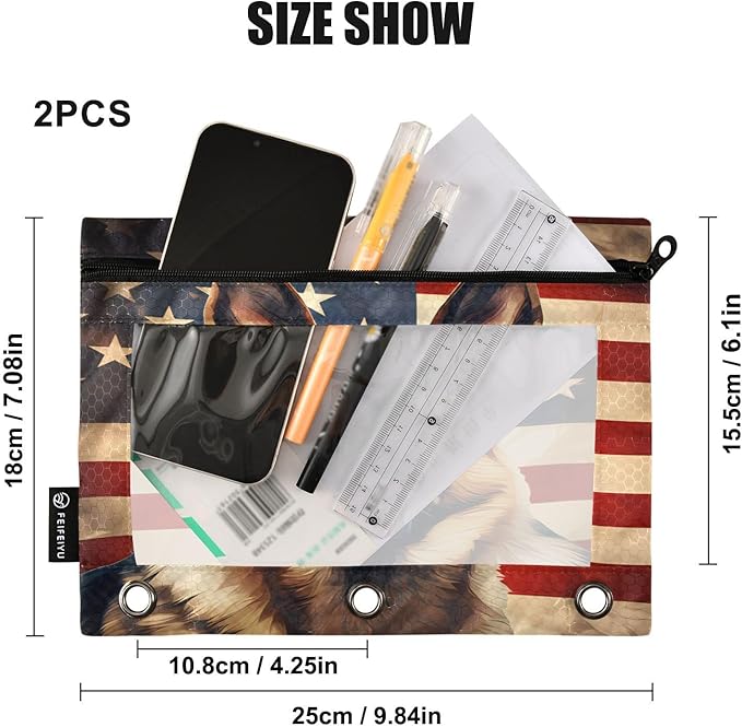 Dog German Shepherd American Flag Pencil Pouch for 3 Ring Binder, 2 Pack Waterproof Pencil Bags Clear Window Zipper School Office Supplies