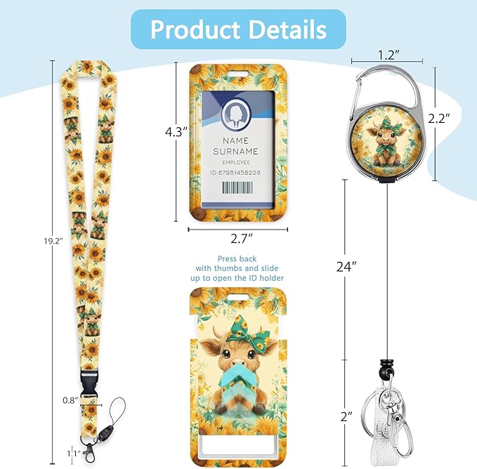 Gctriki Highland Cow Lanyards for ID Badges, Sunflower Cow id Holder with Lanyard, Cute Retractable Badge Reel Clip Keychain Name Tag Protector for Women Nurse Teacher Student Workers Office Gifts