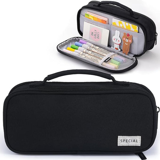 MAMUNU Pencil Case Large Capacity with 3 Compartments, Pencil Case Pouch Bag with Zipper Handle Portable Pen Stationery Organizer for Teen Girls Boys Adults College School Office Travel, Black