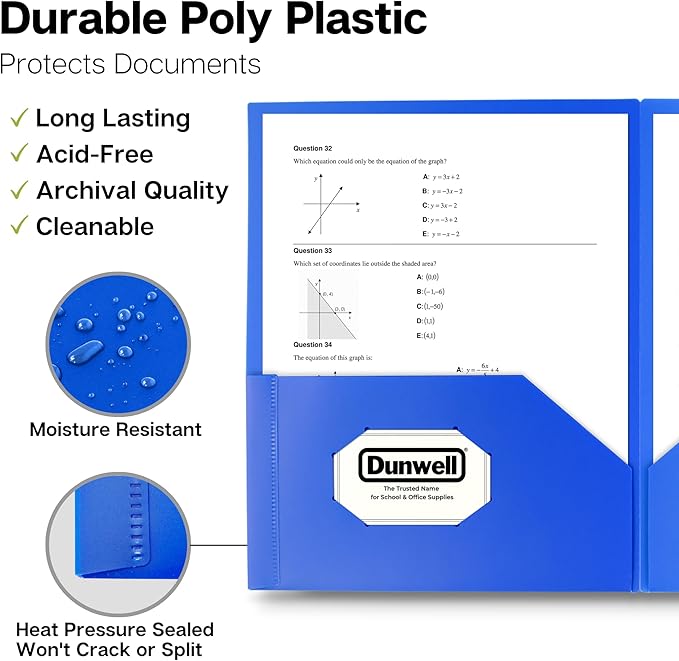 Dunwell Plastic Folders with Pockets (Blue, 3 Pack), 2 Pocket Poly Folders for School, Home or Office, Durable Acid-Free Poly, Includes Removable Adhesive Labels