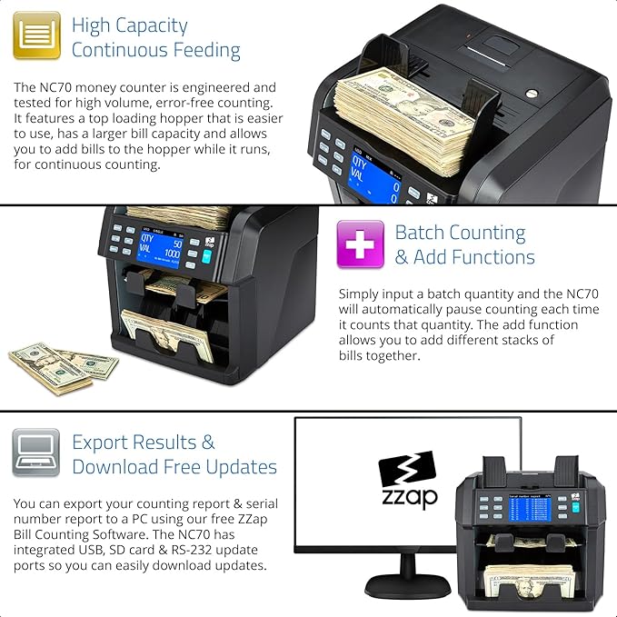 ZZap NC70 Mixed Denomination Bill Counter/2 Pocket Sorter/Counterfeit Detector - Money Cash Value Currency Machine