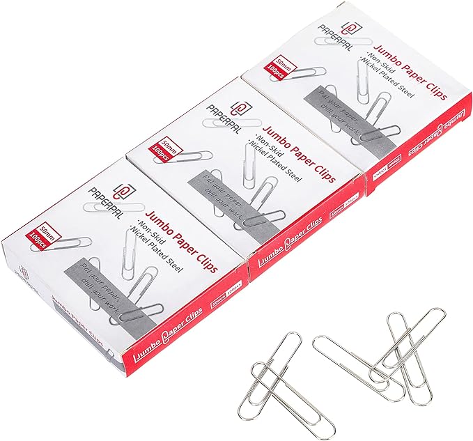PAPERPAL Paperclips for Office School & Personal Use, Jumbo Nonskid Paper Clip (2"), 300 Large Paper Clips (3 Boxes of 100 Each), Silver