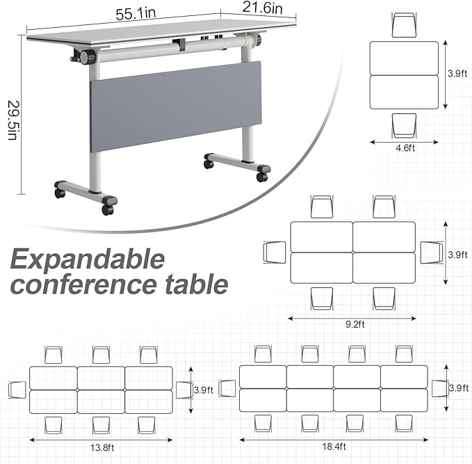 Folding Conference Table, Modern Large Conference Room Tables with Flip-Top Design, Foldable Conference Table Meeting Table with Wheels, Mobile Seminar Training Tables for Office Classroom (8, Gray)