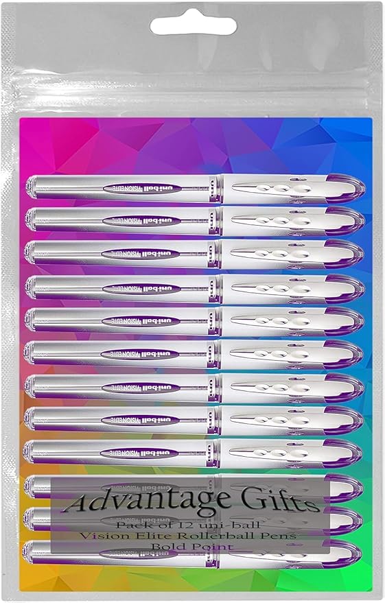 Vision Elite Rollerball Pens, Bold Point (0.8mm), Purple Ink, 12 count, Bundle with Plastic Reusable Pouch
