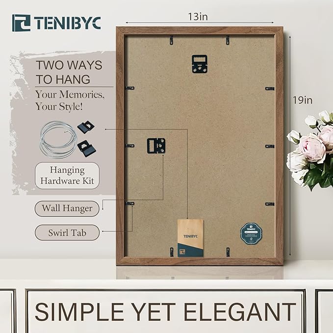 13x19 Walnut Picture Frame Set of 3 with HD Glass- Natural Brown, Solid Wood Poster Frame, Wall Hanging