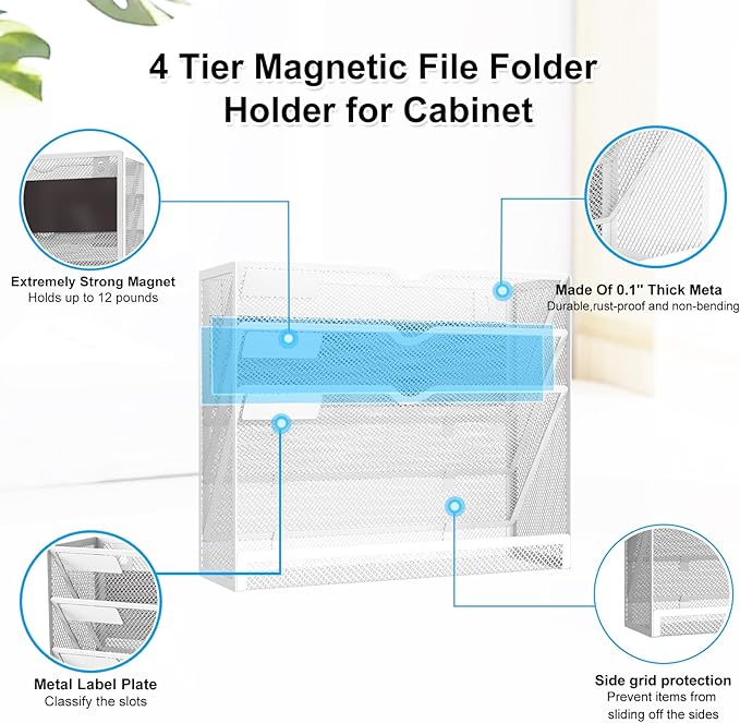 4 Tier Magnetic File Holder, Large Capacity Mesh Hanging Wall Organizer Vertical Magnetic Hanging File Organizer, Magnetic File Folder Holder for File Cabinets, Office, Whiteboard (White)