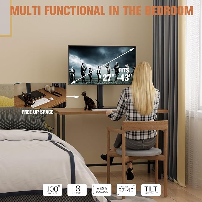 Single Monitor Stand Freestanding 27-43 Inch Monitor Arm Curved Screen Monitor Mount Tempered Glass Base Adjustable Motion Tilt -15° to 10° Swivel ±45° Rotation 360° Weight Capacity 77lbs HT05B-003