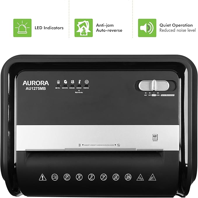 Aurora AU1275MB High-Security 12-Sheet Micro-Cut Paper and CD/Credit Card Shredder/ 5.7-Gallon Pullout Basket/60 Minutes Run Time