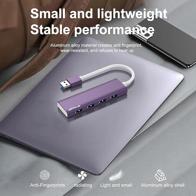 USB Hub, USB 3.0 Hub Aluminum Alloy Ultra Slim USB Splitter, Portable 4 Port USB Extender, USB Hub for Laptop, PC, MacBook, iMac, Surface Pro, Mac Pro, Flash Drive, XPS 【Purple】