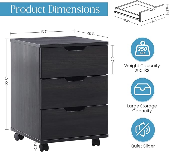 Farini 3-Drawer Under Desk Wooden File Storage Cabinet with Lockable Caster for Home Office,Black,Fully Assembly