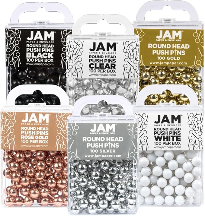 JAM PAPER Colorful Push Pins - Round Head Map Thumb Tacks - Assorted Business Colors - 600/Pack