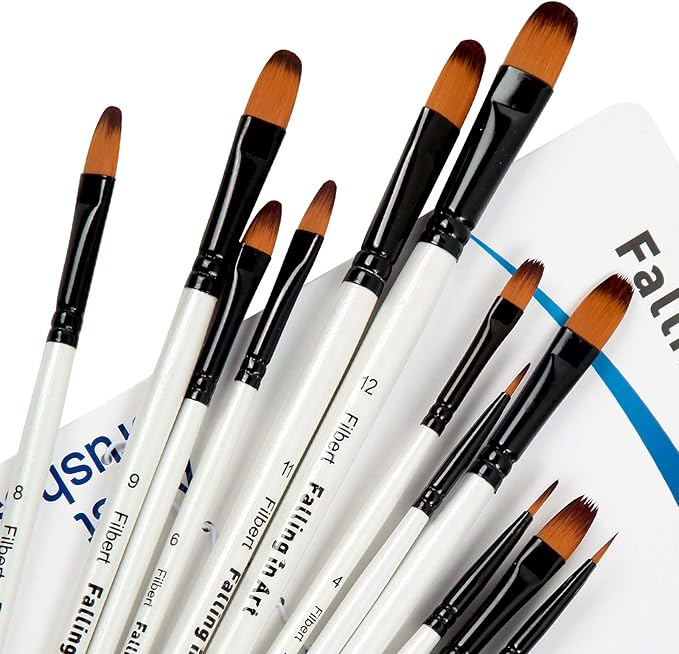 Falling in Art Paint Brushes Set, 12 PCS Nylon Professional Filbert Paint Brushes for Watercolor, Oil Painting, Acrylic, Face Body Nail Art, Crafts, Rock Painting
