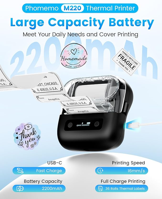 Phomemo Label Maker, M220 Thermal Label Printer, 80mm Portable Bluetooth Barcode Printer Compatible with Andriod/iOS for Home, Office, Small Business, with 3 Packs Label & Case