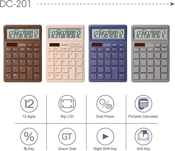 UNIONE Desktop Navy Calculator with a Bright LCD, Dual Power Handheld Desktop. Color. Business, Office, High School, 4×6 inch