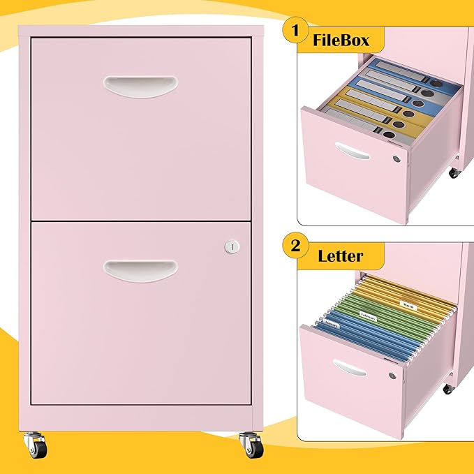 2 Drawer File Cabinet with Lock，Pink Rolling File Cabinet for Home Office, Metal Small Mobile Filing Cabinets on Wheels for Hanging Letter