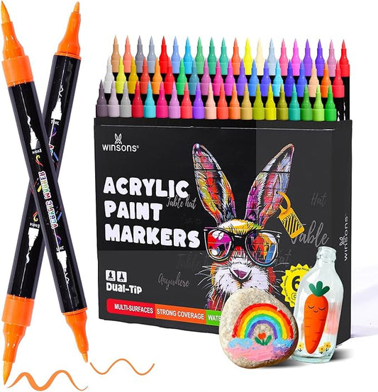 Acrylic Markers, 60 Dual-Tip Paint Pens for Rock Painting, Colouring Books, Mugs, Canvas Shoes, Metal, Scrapbooking - Quick Dry, Brush & Fine, Drawing Markers, Classrooms Must Have