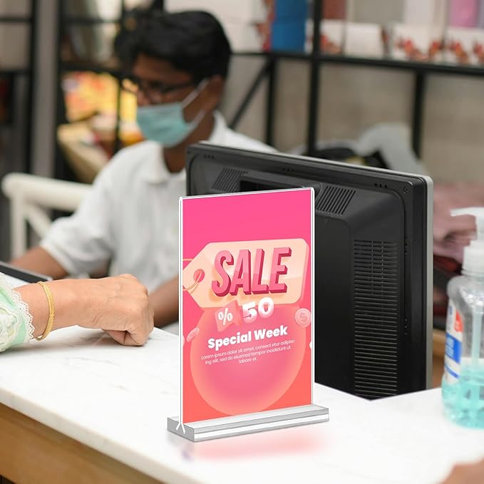 Acrylic Sign Holder 4x6, 15 Pack Clear Double Sided Menu Vertical Display Stand, Desktop Paper Holder Suitable for Restaurants, Office, Store, Show Fair