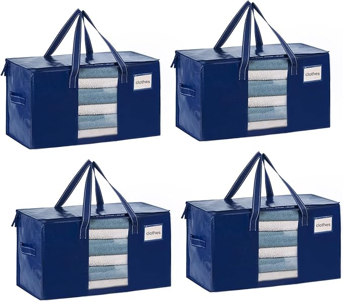 VENO 4 Pack Moving Bags, Comforter and Blanket Storage Bags for Closet, Moving Boxes, Boxes with Lids Alternative, College Dorm Packing Supplies, Foldable Heavy-Duty Tote with Window (Blue, 4 Pack)