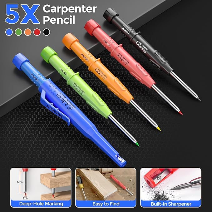 Nicpro 5 Pack CP3000 Carpenter Pencil with Sharpener, Mechanical Pencils Set with 59 Refills, Heavy Duty Construction Pencil, Carpenter Tools for Architect Marking (Red, Black, Orange, Green, Blue)