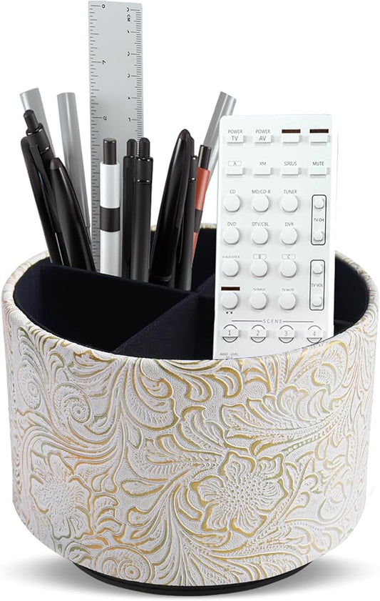 lizimandu Round Leather Art Supply Organizer,Remote Control Holder,360 Degree Spinning,Multi-Functional Pencil Holder,4 Compartments Desktop Stationary Organizer(1-Carved White Gold)