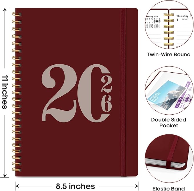 2026 Planner, Weekly and Monthly Calender Planner, Jan 2026 to Dec 2026, Hardcover 2026 Calendar Planner Book with Tabs & Inner Pocket, Office Home School Supplies for Women & Men - A4 (8.5" x 11"), Burgundy