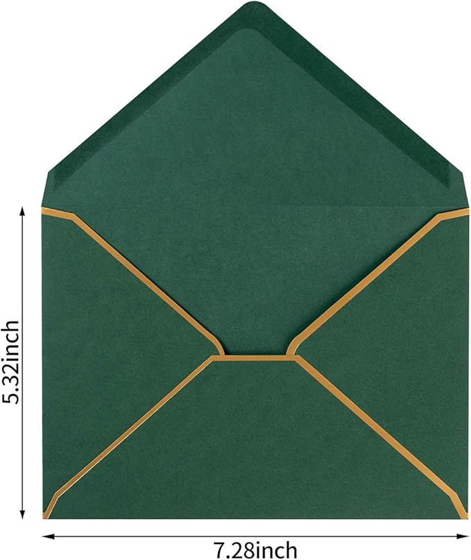 100 Pack A7 Envelopes 5 x 7 Card Envelopes V Flap with Gold Border for Office, Wedding Gift Cards, Invitations, Graduation, Baby Shower, Parties (5.32 x 7.28 Inches, Dark Green)