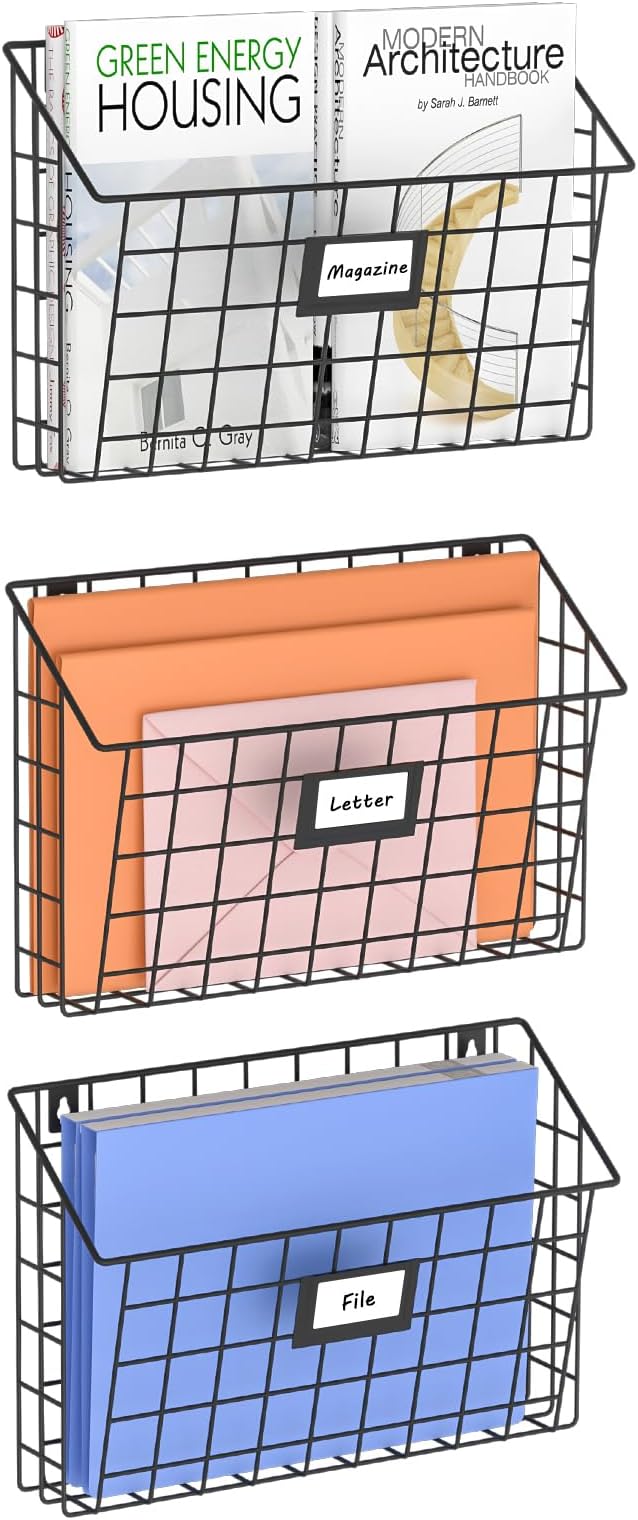 X-cosrack Detachable Hanging Wall Files Rack&3-Tier Metal Folder Wall File Holder with Tag Slot Mounts on Wall and Door for Office, Home, and Work Easy Organizing,Black(Patent Pending)