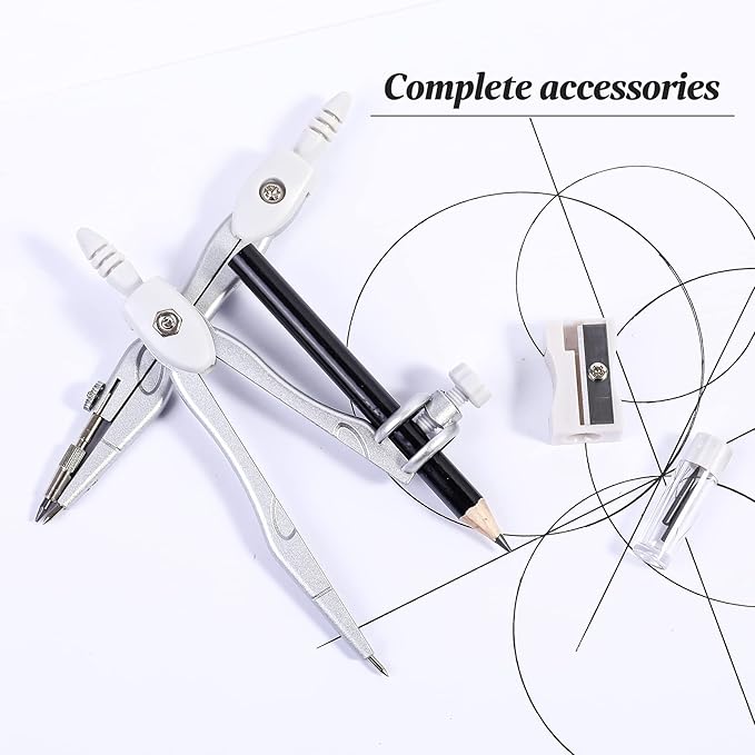 Math Geometry Kit Sets 10 Piece Student Supplies with Shatterproof Storage Box,Includes Rulers,Protractor,Compass,Eraser,Pencil Sharpener,Lead Refills,Pencil,for Drafting（White）