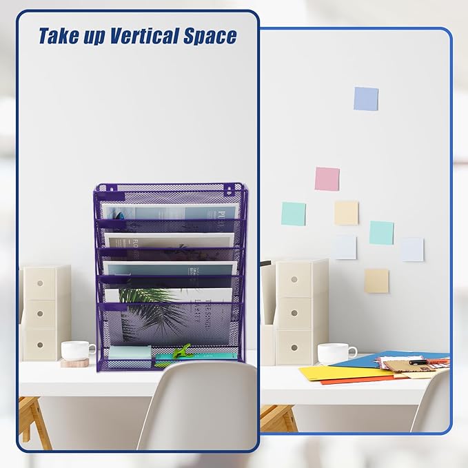 EASEPRES Desk File Organizer Mesh 6-Tier, Hanging Wall Mount Document Organization Stand, Desktop Vertical Mail Paper Folder Holder Rack with Bottom Tray for Office Home Cubicle Countertop, Purple