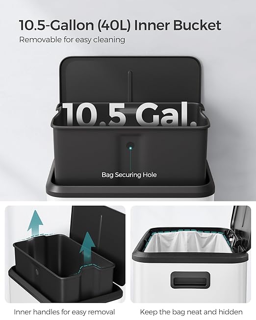 SONGMICS Kitchen Trash Can, 10.5-Gallon (40L) Garbage Can with Lid and Wide Foot Pedal, Soft Close and Stays Open, White ULTB541W40