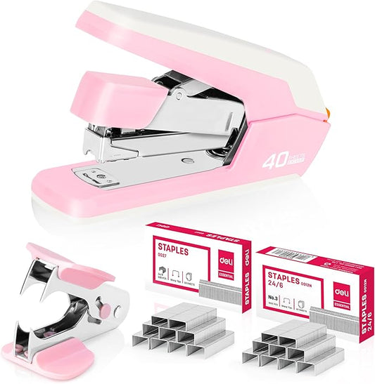 Deli Effortless Desktop Stapler, Heavy Duty Stapler, 40-50 Sheet Capacity, One Finger, No Effort, Includes 1500 Staples & Staple Remover, Pink