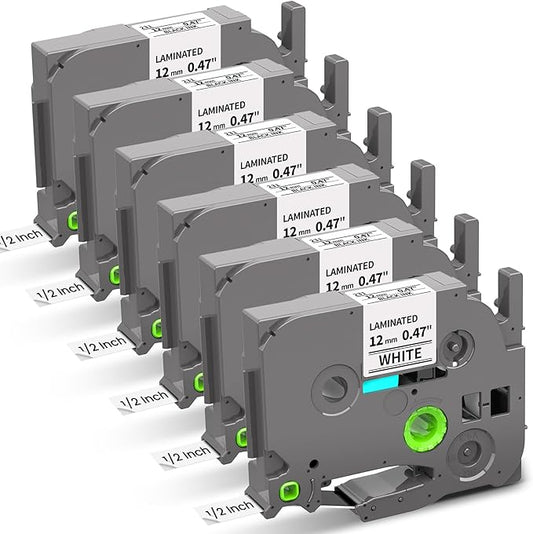 Label Maker Tape Compatible with Brother P-Touch Label Tape TZe-231 TZ TZe 12mm 0.47 Laminated White 1/2" TZE231 for PT-D210 D220 H110 D410 D610BT P710BT H111 Cube 1880 Refill, Black on White, 6-Pack