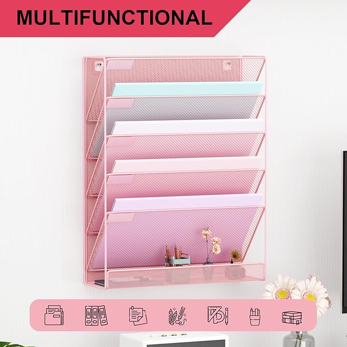 Wall File Organizer Holder Mesh Hanging Paper Document Holder, Vertical 6 Pocket Tier for Office Home, Light Pink