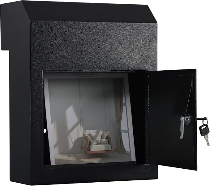 xydled Heavy Duty Mail Box with Key Lock, 15''x12''x6'', Locking Metal Mailbox Door Mounted, Through The Door Safe Locking Drop Box, Black