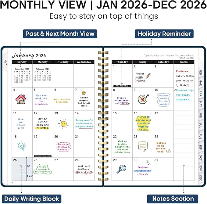 2026 Planner, Weekly and Monthly Calendar Planner Book, January 2026 - December 2026, Hardcover Spiral Planner with Monthly Tabs, Notes Pages, Perfect for Women & Men, A5 (6.4" x 8.5") - Navy