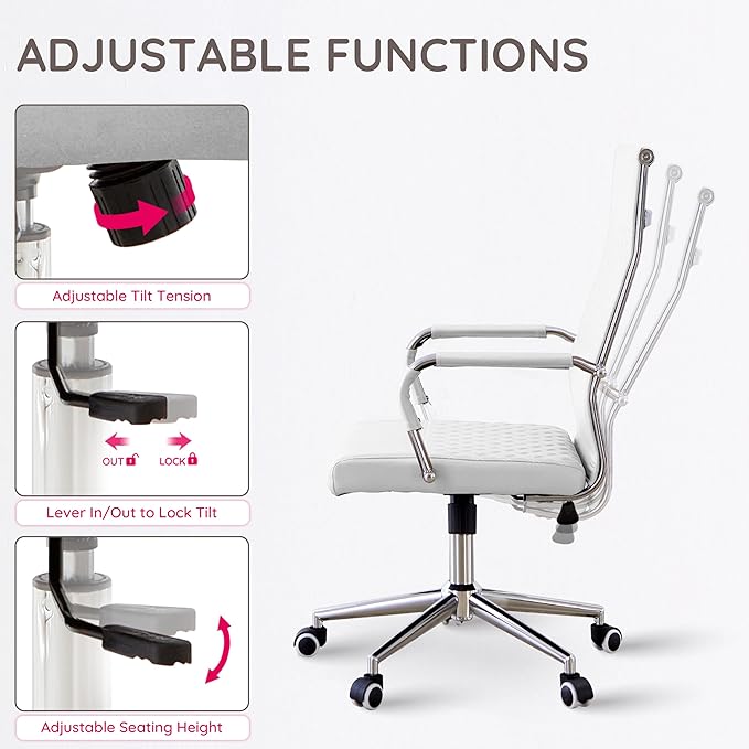 Livinia Modern Executive Office Chair with Patterned Back Design, Chrome & Leather Swivel Chair with High Back, Adjustable Height, Removable Armrests, and Wheels for Home Office (White(Chrome))