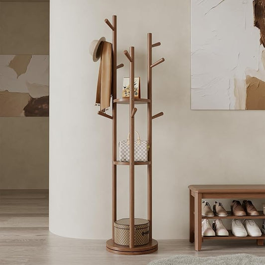 Solid Wood Rotary Coat Rack, Freestanding Coat Rack with 3 Shelves and 9 Hooks, Coat tree for Bedroom, Entryway, Livingroom, Coat Hanger Stand for Coats, Scarves, Handbags (Walnut)