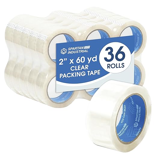 Spartan Industrial - 2" X 60 yd Clear Shipping Tape Rolls - 36 Rolls of Heavy Duty Box Tape for Moving, Packing, Shipping, Storage - 2.7 Mil