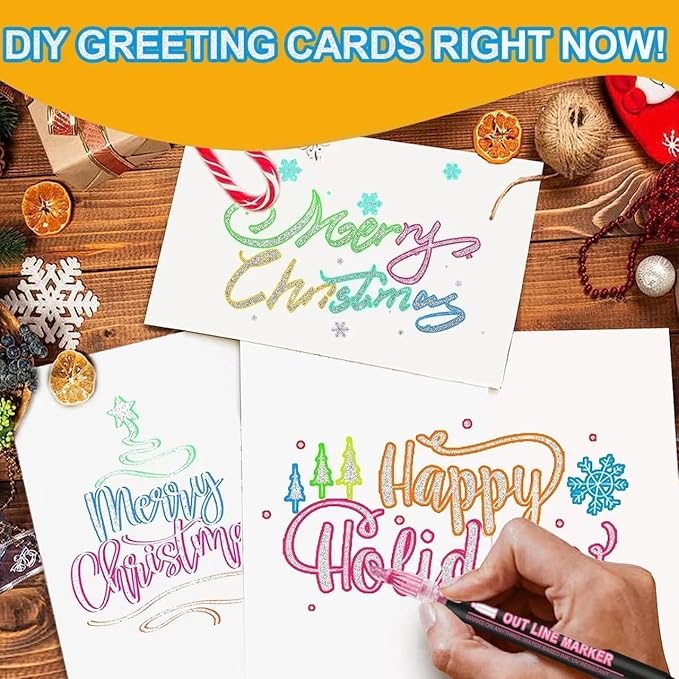 Outline Marker Self-outline Metallic Markers, 12 Colors Squiggles Shimmer Outline Markers Pen Set for Drawing Art School Supplies, Glitter Pen Set for Cards Lettering, Gift for 4-12 Year Old Girl