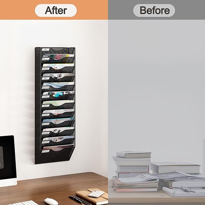 12 Tier Hanging Wall File Holder, Metal A4 Wall Mounted Document Holder, Vertical Hanging Mail Organizer, Magazine Storage Rack for Office Home Classroom, Black