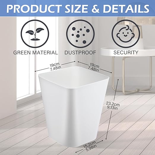 Hoolerry 9 Pieces Garbage Can 2 Gallon Small Trash Cans Bulk Bathroom Trash Bin Plastic Wastebasket Square for Bedroom Slim Bathroom Trashcan Small Container for Kitchen Office Home(White)
