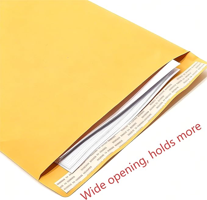 Gummed Mailing Envelopes 10x13 Inch, 100 Pack Brown Kraft Manila Envelopes 28lb, Catalog Document Envelopes for Home, Office, School, Business (Yellow, 100PCS)