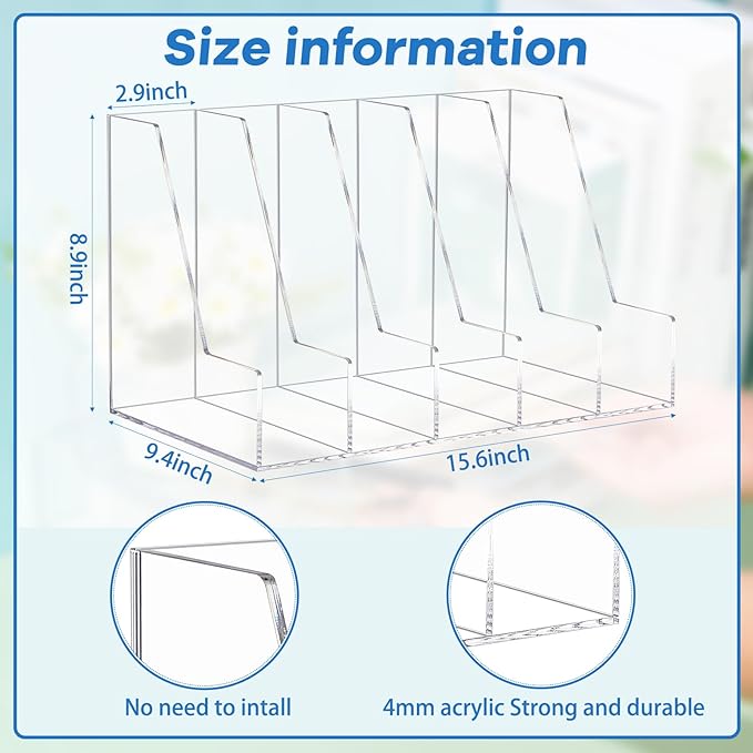 Suzile Clear Acrylic Magazine File Holder with Vertical Compartments Desk Organizer Book Rack for Desk Sorter Paper Folder Office Accessories (Groovy,15.75 x 9.45 x 8.86 Inch)