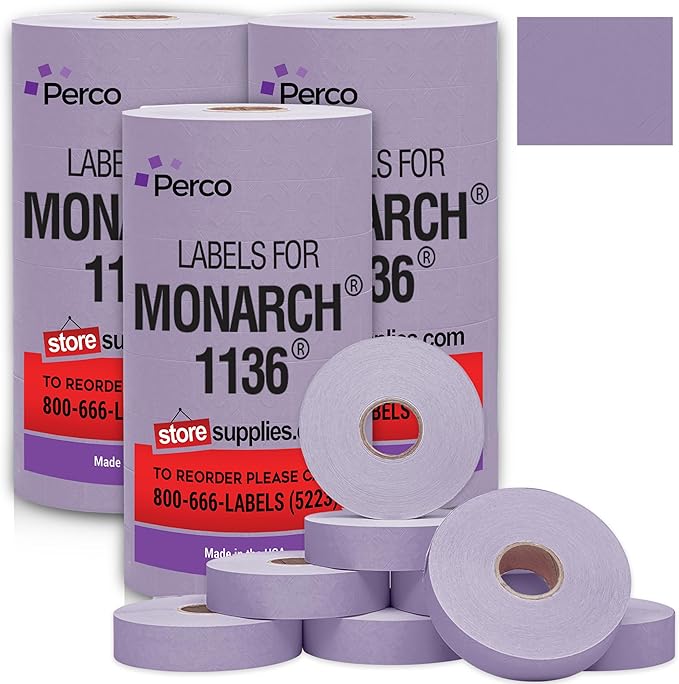 Perco Lavender Pricing Labels for Monarch 1136 Price Gun - 3 Sleeves, 24 Rolls Value Pack - 42,000 Price Marking Labels - with Ink Rolls Included